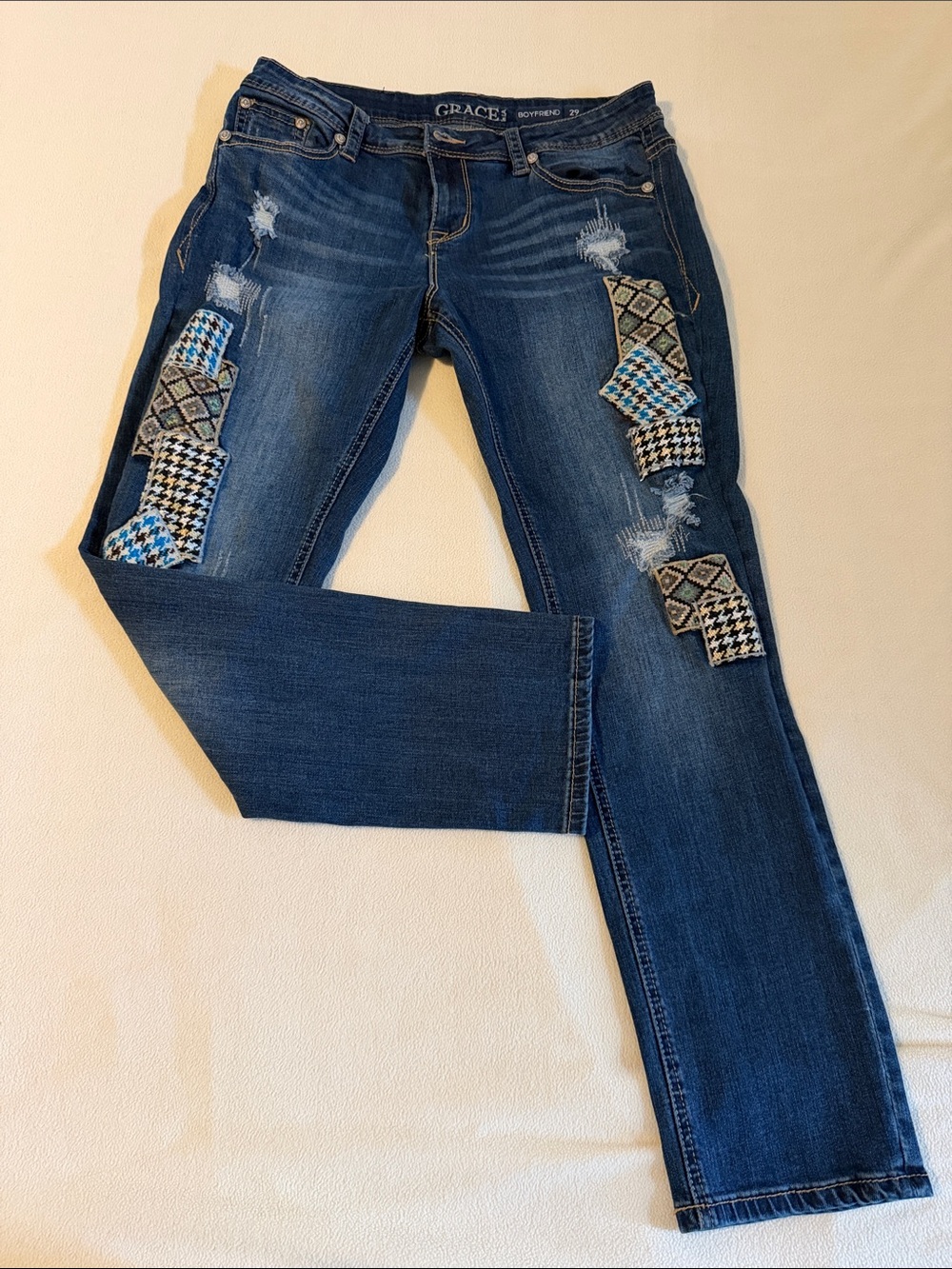 Grace in LA Dark Blue Jeans with Geometric Patchwork